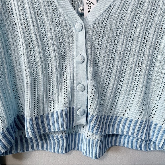 For Love and Lemons Light Blue Rhea Pointelle Cardigan Sweater Plus Size 2X NEW - Picture 7 of 13